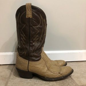 Brahma brown over tan bull hide cowboy boots